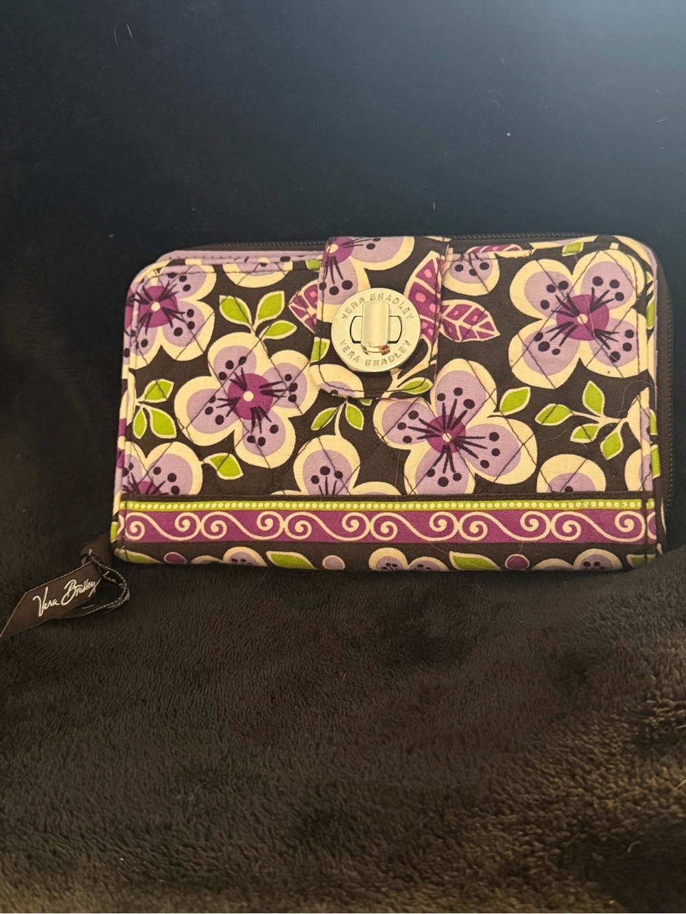 Vera Bradley, retired Plum Petals pattern, Folding Wallet, snap & zip, CC slots